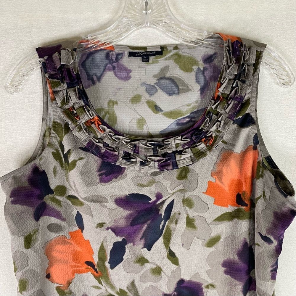 Anne Klein Tank Top Women’s Purple Gray Floral Sleeveless Business Casual Ruffle - Picture 3 of 9